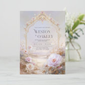 Luxury Ornate Gold Arch Pink Peony Floral Wedding 招待状 (スタンド正面)