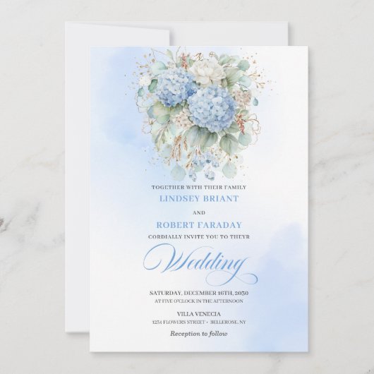 Luxury Pastel Blue Floral Gold Wedding Invitation 招待状 (正面)