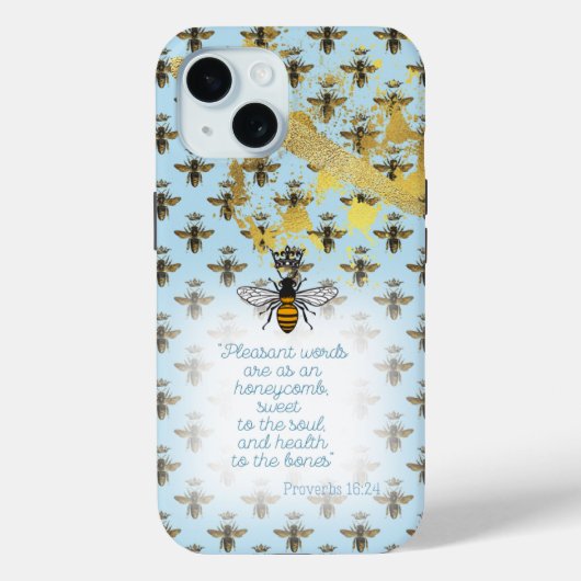 Luxury Pastel Blue Gold Bee Grid Faith Queen Bee Case-Mate iPhoneケース (裏面)