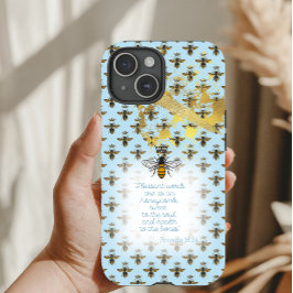 Luxury Pastel Blue Gold Bee Grid Faith Queen Bee iPhone 15ケース