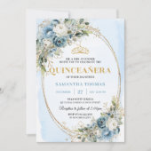 Luxury Pastel Blue Gold Eucalyptus Quinceañera 招待状 (正面)