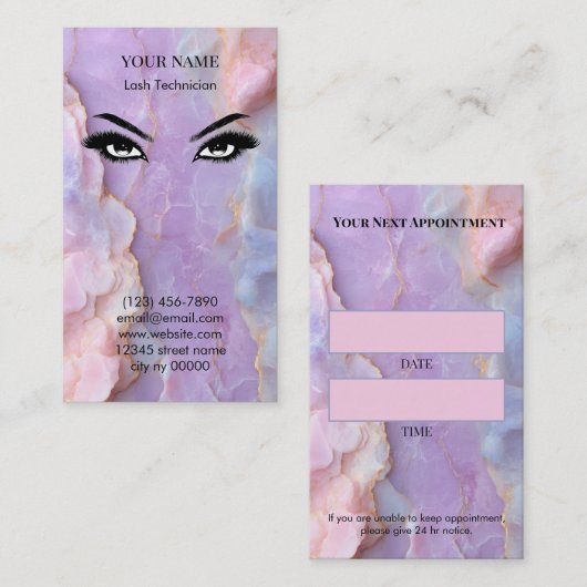 Luxury Pastel Marble Lash Artist Appointment Card 予約カード (正面/裏面)
