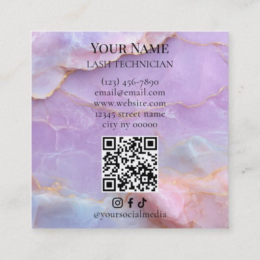 Luxury Pastel Marble Lash Artist QR code  スクエア名刺 (裏面)
