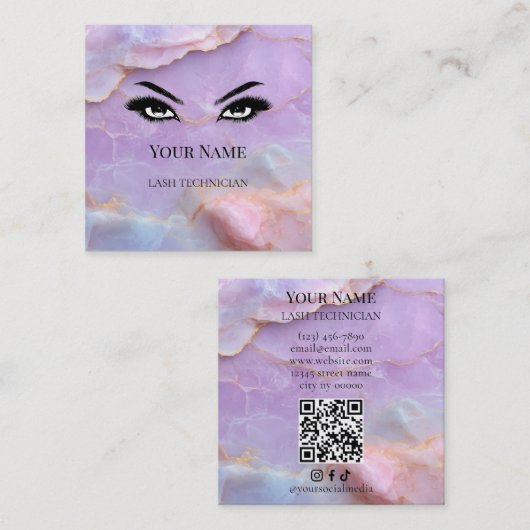 Luxury Pastel Marble Lash Artist QR code スクエア名刺 (正面/裏面)