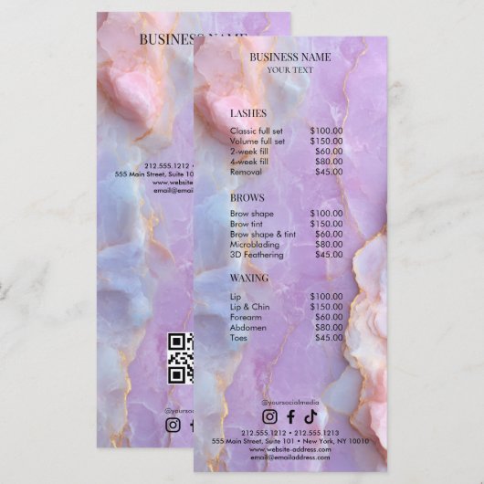 Luxury Pastel Marble Lash Artist Salon Price List メニュー (正面/裏面)