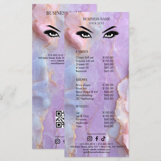 Luxury Pastel Marble Lash Artist Salon Price List メニュー (正面/裏面)