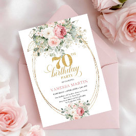 Luxury Pastel Pink Floral 70th Birthday Invitation 招待状
