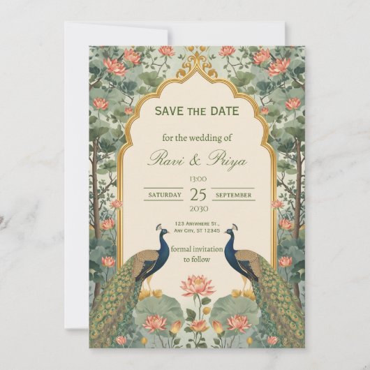 Luxury Pichwai Indian Wedding Save the Date (正面)