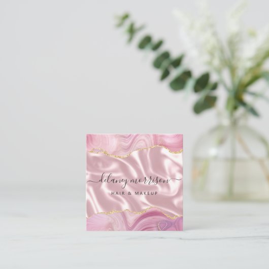 Luxury Pink Agate Silk Silver Glitter スクエア名刺 (スタンド正面)