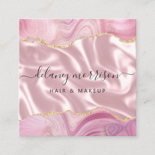 Luxury Pink Agate Silk Silver Glitter スクエア名刺 (正面)