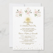 Luxury Pink Blush Floral Triplets Holy Communion 招待状 (正面)