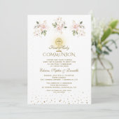 Luxury Pink Blush Floral Triplets Holy Communion 招待状 (スタンド正面)