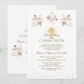 Luxury Pink Blush Floral Triplets Holy Communion 招待状 (正面/裏面)