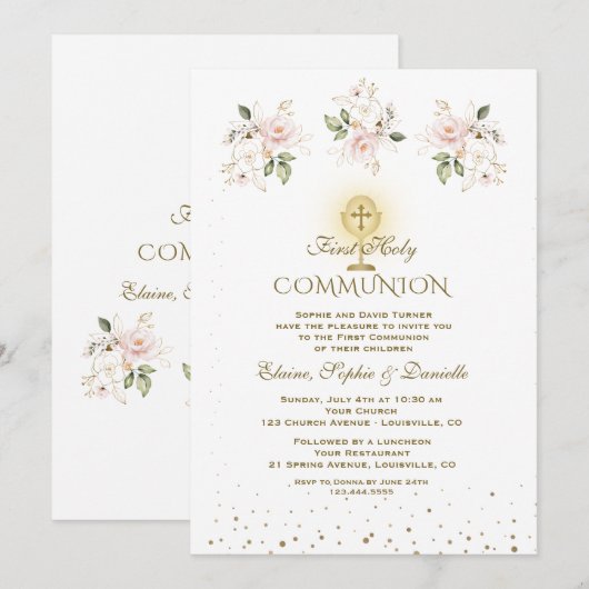 Luxury Pink Blush Floral Triplets Holy Communion 招待状 (正面/裏面)
