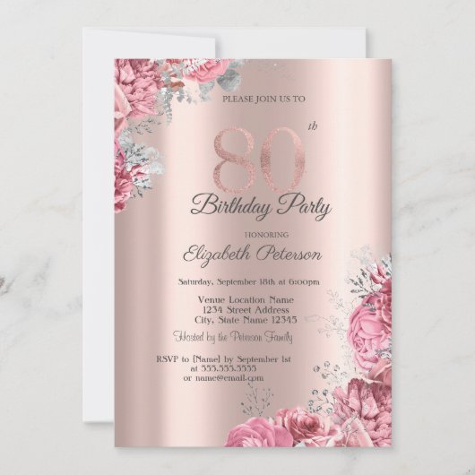 Luxury Pink Floral Rose Gold 80th Birthday Party 招待状 (正面)