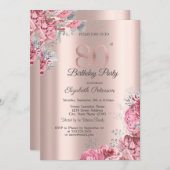 Luxury Pink Floral Rose Gold 80th Birthday Party 招待状 (正面/裏面)