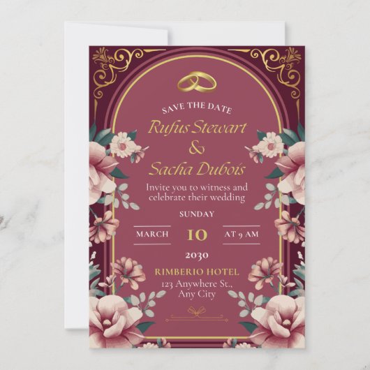 Luxury Pink Floral Wedding Invitation Card 招待状 (正面)