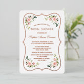 Luxury Pink Flowers Rose Gold Frame Bridal Shower  箔招待状 (立ち正面)