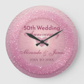 Luxury Pink Glitter Heart 50th Wedding Anniversary ラージ壁時計 (正面)