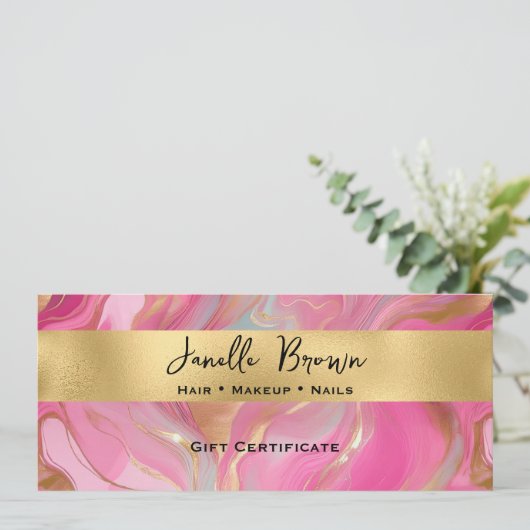 Luxury Pink Marble and Gold Gift Certificate Card 招待状 (スタンド正面)