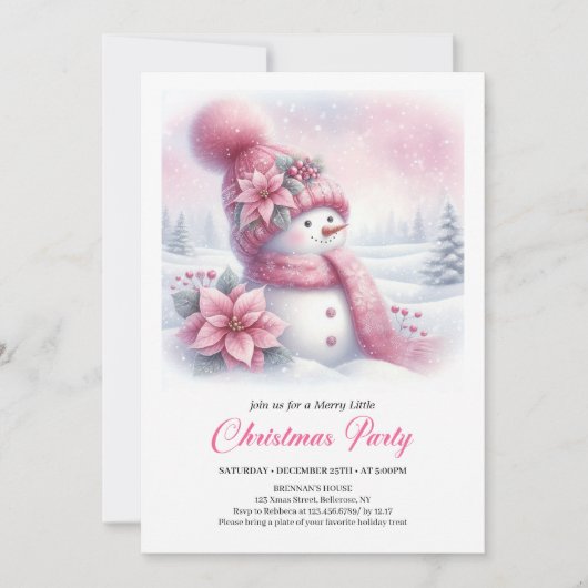Luxury Pink Snowman Kids Editable Christmas Invite 招待状 (正面)