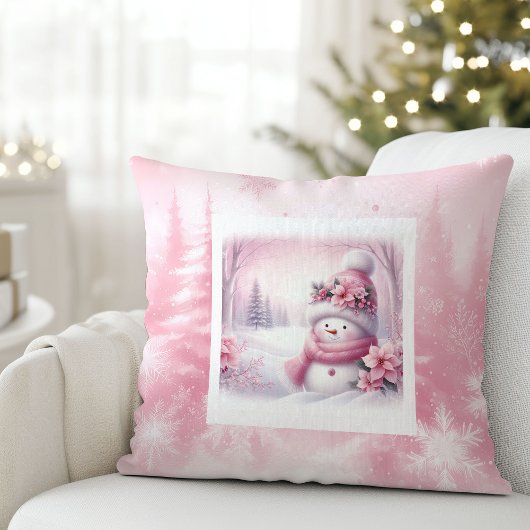 Luxury Pink Snowman Winter Scene Kids Room Pillow クッション