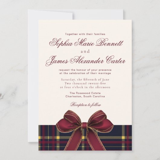 Luxury plaid Burgundy Bow Winter Photo Wedding 招待状 (正面)