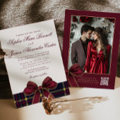 Luxury plaid Burgundy Bow Winter Photo Wedding 招待状