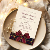 Luxury plaid Burgundy Bow Winter Weddding 招待状