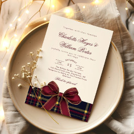 Luxury plaid Burgundy Bow Winter Weddding 招待状