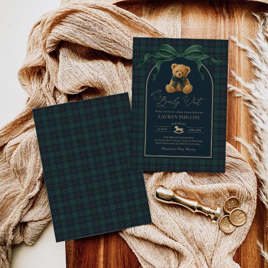 Luxury Plaid Teddy Bear Boy Baby Shower 招待状