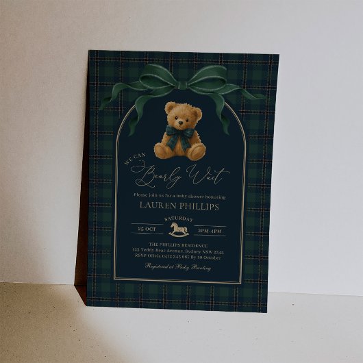 Luxury Plaid Teddy Bear Boy Baby Shower 招待状