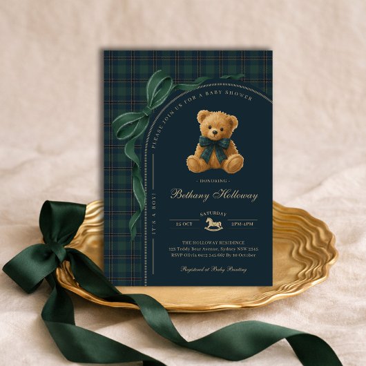 Luxury Polo Plaid Teddy Bear Boy Baby Shower 招待状