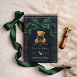 Luxury Polo Teddy Bear Green Bow Plaid Baby Shower 招待状