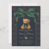 Luxury Polo Teddy Bear Green Bow Plaid Baby Shower 招待状 (正面)