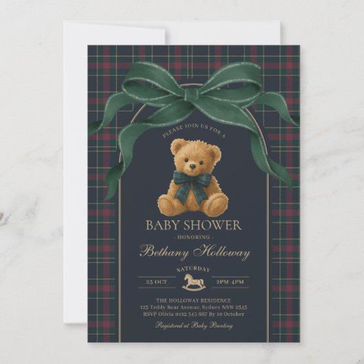 Luxury Polo Teddy Bear Green Bow Plaid Baby Shower 招待状 (正面)