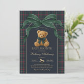 Luxury Polo Teddy Bear Green Bow Plaid Baby Shower 招待状 (スタンド正面)