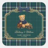 Luxury Preppy Teddy Bear Plaid Baby Shower スクエアシール (正面)