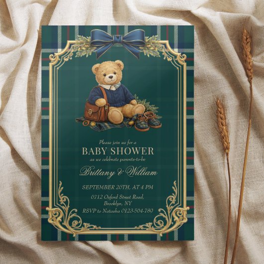 Luxury Preppy Teddy Bear Plaid Baby Shower  招待状