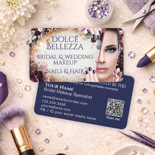 Luxury Purple Blue Floral Bridal Makeup Artist 名刺