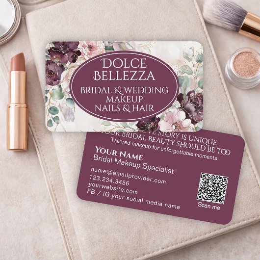 Luxury Purple Burgundy Floral Bridal Makeup Artist 名刺