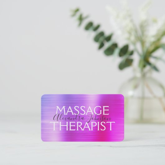 Luxury Purple Pink Brushed Metal Massage Therapy 名刺 (スタンド正面)