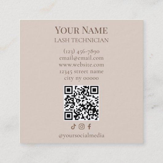 Luxury QR code Beige and Gold Lash Technician スクエア名刺 (裏面)