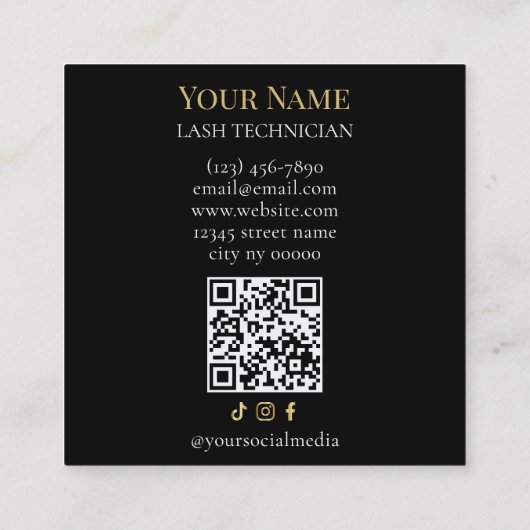 Luxury QR code Black and Gold Lash Technician スクエア名刺 (裏面)
