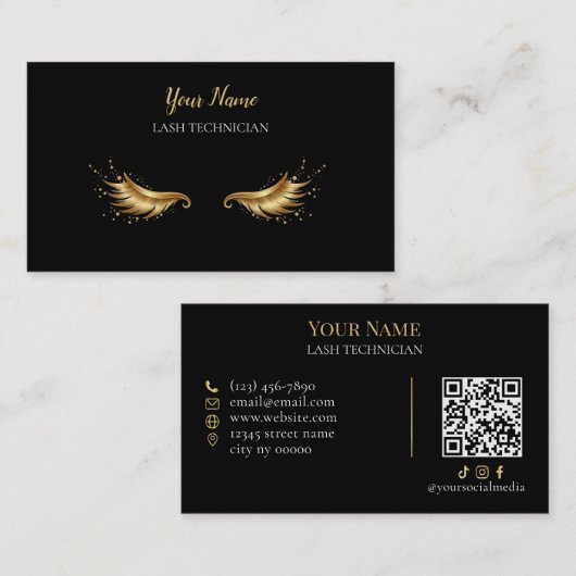 Luxury QR code Black and Gold Lash Technician Busi 名刺 (正面/裏面)