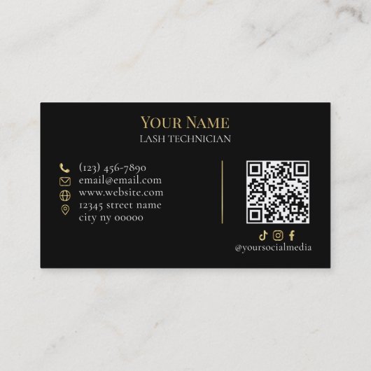 Luxury QR code Black and Gold Lash Technician Busi 名刺 (裏面)