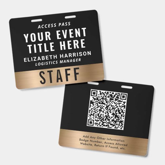 Luxury QR Code Black Gold Event Access Pass ID バッジ (正面＆裏面)