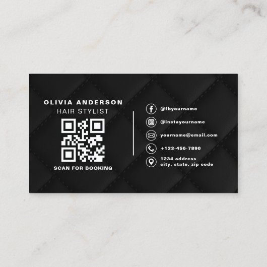 Luxury QR Code Hair Stylist Black Quilted Fabric 名刺 (裏面)