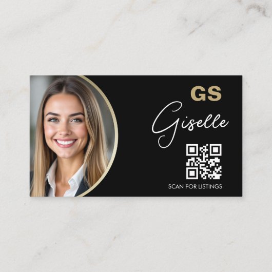 Luxury Real Estate Agent QR Code Black Gold Photo  名刺 (正面)