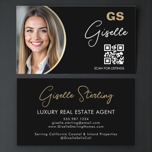 Luxury Real Estate Agent QR Code Black Gold Photo  名刺